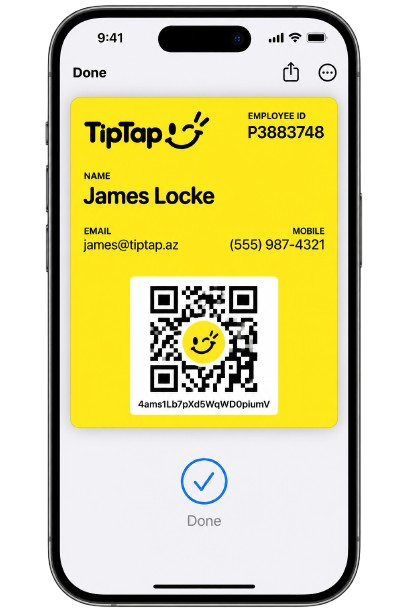 TipTap QR kartının Apple Wallet görünüşü
